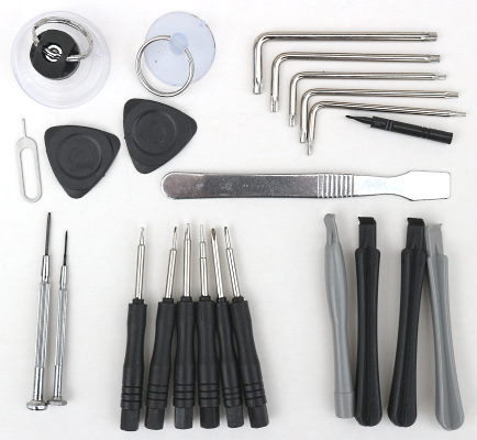 An assortment of tools for dismantling portable electronic devices