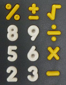 Close-up of calculator keypad designed for children