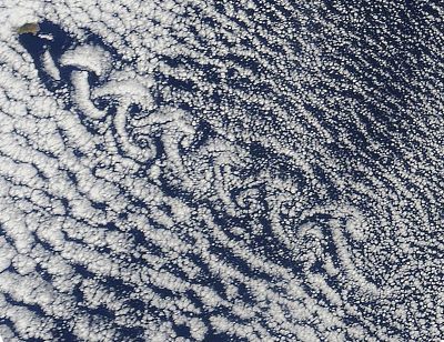 a vortex street made visible by cloud